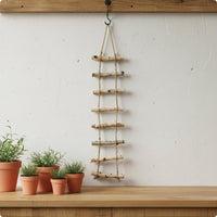 Handmade Look Wooden Ladder Decor Farmhouse Design Rustic Wood Wall Hanging Jute Rope for Flower Shop, Garden, Patio