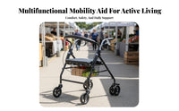 Long-Lasting Steel Frame Elderly Shopping Cart Mobility Aid Underseat Storage Walking Aid with Seat and Basket Adjustable Height 4-Wheel Mobility Aid with Seat Double Braking System for Seniors, Daily Errands, Outdoor, Outdoors, Indoors