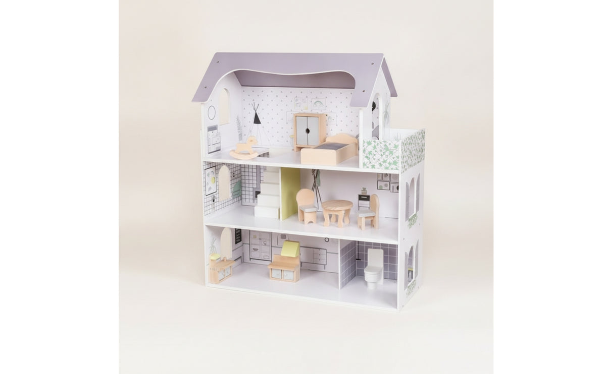 Wood Doll House Playset Open-Front Dollhouse Pretend-Play for Playroom, Daycare