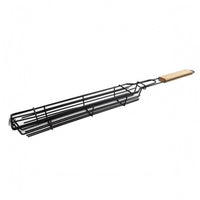 Wooden Handle Wire Mesh Grill Basket Hanging Loop Hinged Grill Basket Rigid Frame Cooking Gear Smooth Grip for Barbecue, Grilling