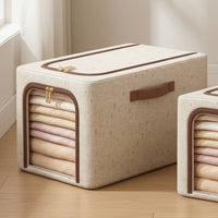 Storage Bin with Metal Frame Space-Saving Storage Box with Lid Foldable Textile Bin Heavy-Duty Portable for Wardrobe, Bedroom