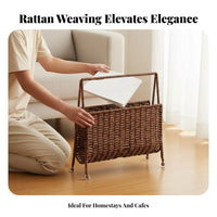 Faux Rattan Magazine Rack Multi-Functional Hand Woven Magazine Holder Space Saving Wicker Pattern Book Basket for Living Room, Bedroom, Washroom