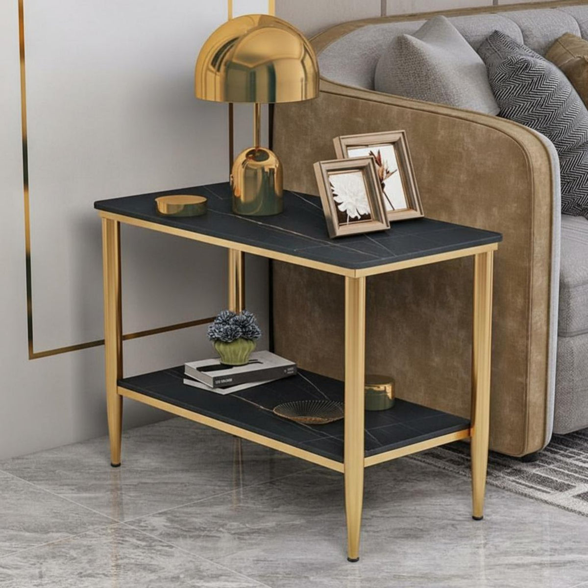 Sintered Stone Upper surfaceTier End Table Compact Size 2-Tier Console Versatile Use Household Furniture Sturdy Construction for Apartment Dwellers, Homeowners, Interior Decorators, Living Room, Bedroom, Small Areas, Hallway