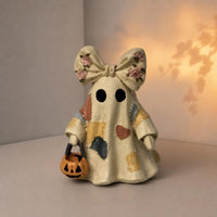 Halloween Ghost Decoration with Pail Vintage Patchwork Ghost Figure Handmade-Look Decorations Farmhouse for Shelf