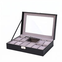 PU Leather Exterior Watch and Jewelry Box Transparent Window Jewelry Watch Box Metal Latch Band Holder Slots