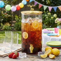 Glass Water Dispenser with Deer Lid, Juice Dispenser on Wood Stand, Beer Dispenser with Stainless Steel Spigot, Round Drink Dispenser Home Bar