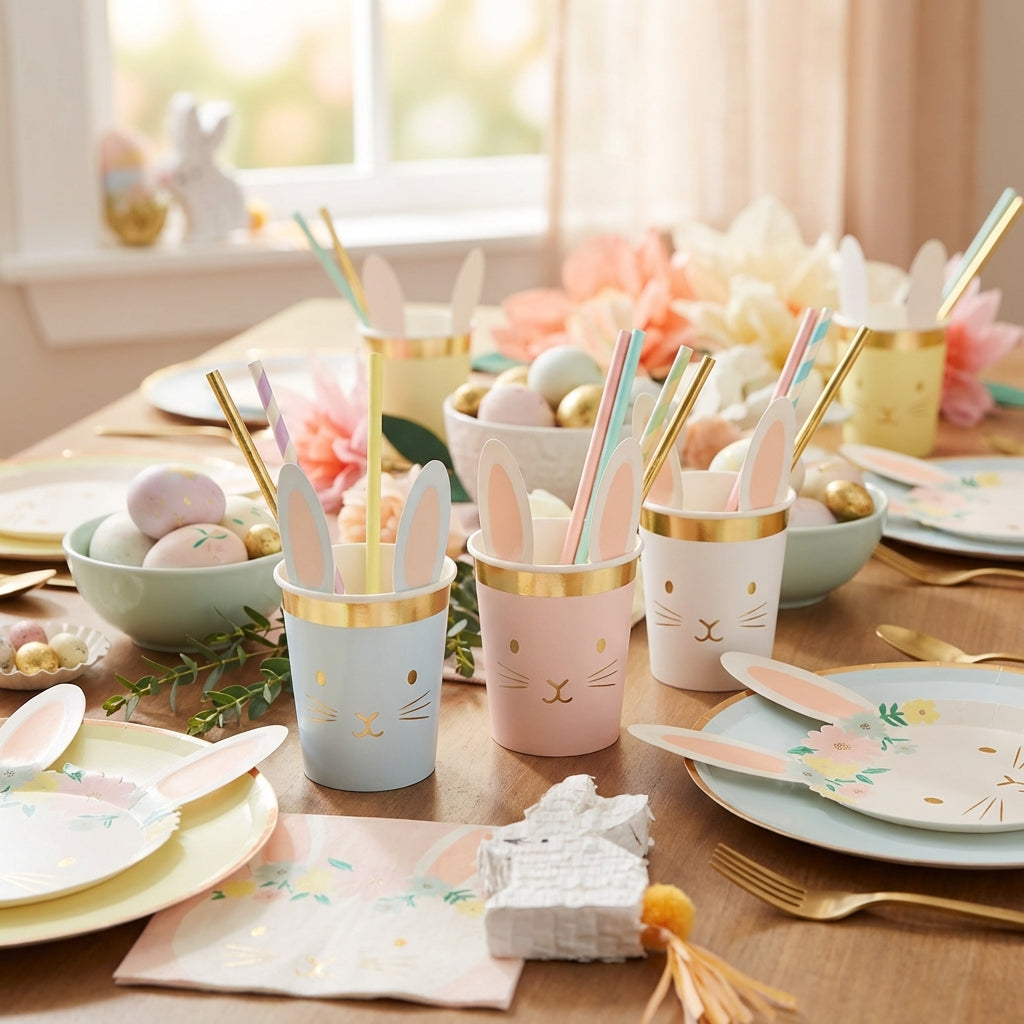 Easter Spring Animal Paper Plates Hot-Stamped Gold Foil Easter Party Tableware Set Bunny Themed Paper Plates for Parents, Birthday Parties, Picnics