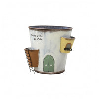 Distressed Vintage Finish Castle Planter Painted Door and Window Details Decorative Castle Pot Drainage Hole Iron Planter Pot Tapered Body
