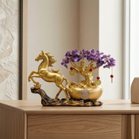 Gold-Colored Horse Statue with Wealth Tree Crystal-Like Feng Shui Horse Figurine Tabletop Decor Wealth for Business Owners