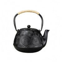 Cast Iron Teapot Rope Wrapped Handle Floral Relief Teapot Gold Rim