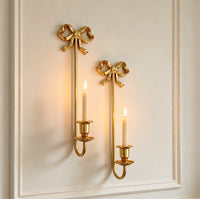 French Vintage Metal Bow Wall Candle Holder in Matte Gold