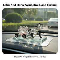 Good Luck Charm Horse and Lotus Car Perfume Dispenser Elegant Design Crystal Horse Pulling Lotus Cart Refillable for Home Decor, Office Desk