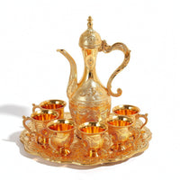 Ornate Wine Serving Set with Tray Gold-Toned Ewer and Cup Set Embossed Wine Goblets Vintage Style for Hosts, Collectors, Weddings, Home Bar, Dining Room, Housewarming