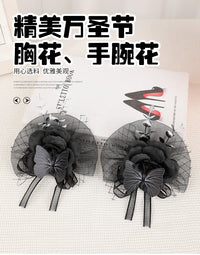 万圣节暗黑哥特风网纱玫瑰胸花手腕花黑色蝴蝶派对装饰手腕花