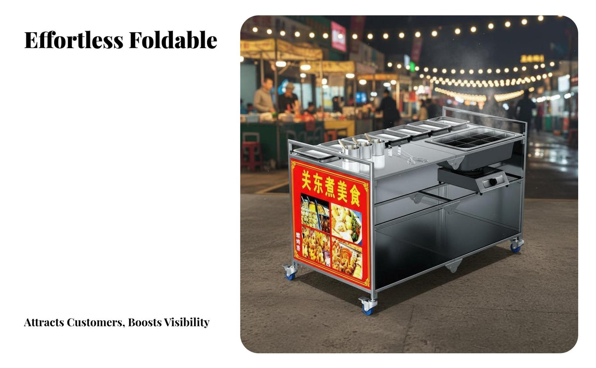 Multi-Functional Foldable Snack Cart Large Storage Capacity Night Market Push Cart Stainless Steel Vending Stall for Street Vendors, Small Business Owners, Caterers, Outdoor Events, Roadside