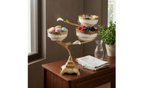Three-Tier Fruit Tray Curved Arms Gold Metal Ornamental Pedestal Bowl Tray