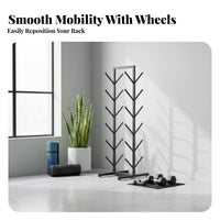 Mobile with Wheels Exercise Mat Storage Rack Space-Saving Exercise Mat Holder Large Capacity Foam Roller Storage Rack Double-Sided Entry for Home Gym