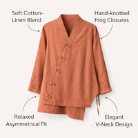 Women Long Sleeve V-Neck Blouse with Handmade Chinese Frog Closure Buttons, Wrap Front for Casual Everyday Wear, Loose Fit Vintage Style Shirt