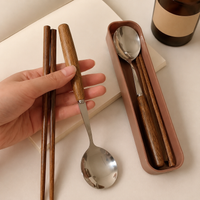 Wooden Stainless Steel Cutlery Set, Spoon, Fork Set, 3-Piece Set, With Case, Portable, For Students, For Adults