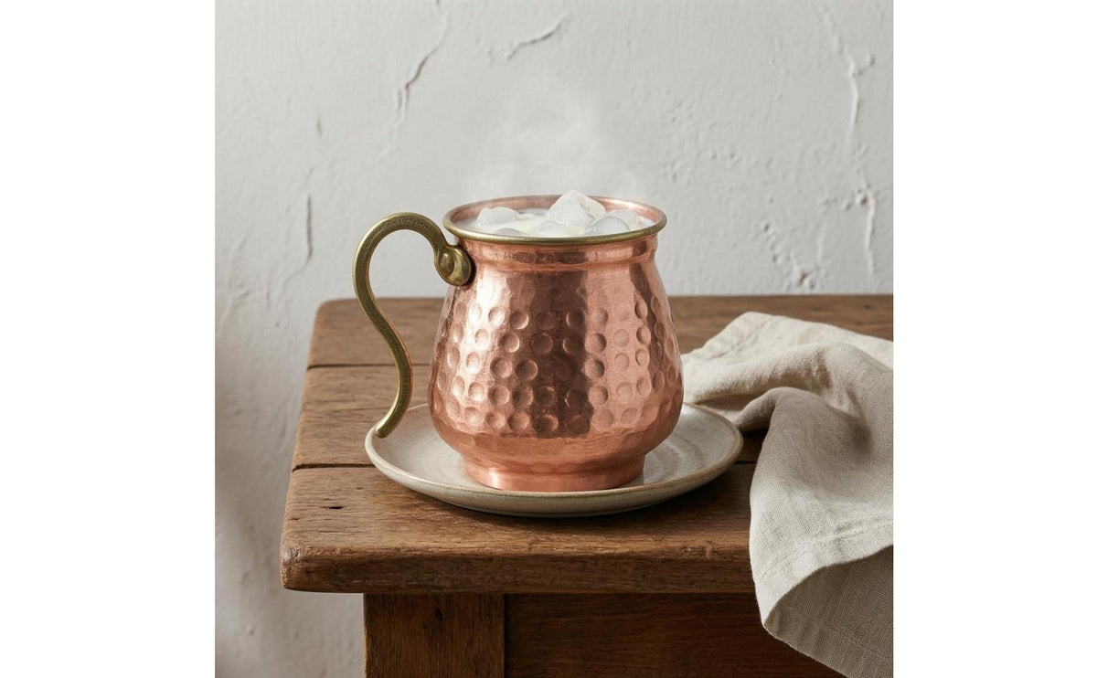 Copper-Colored Turkish-Style Yogurt Cup Silver-Lined Hammered Metal Cup for Cold Water
