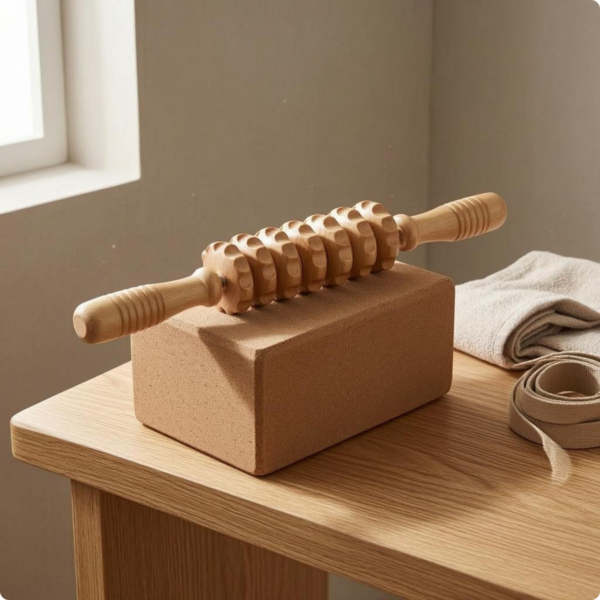 9-Wheel Wooden Massage Roller Stick Polished Finish Handheld Body Massage Roller Rotating Rollers Solid Wood