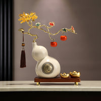 Gold-Tone Gourd Ornament with Wooden Base Traditional Ceramic Gourd Artisanal Statue Glossy for Homeowners, Living Room, Housewarming