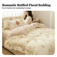 Pure Cotton Korean Design Duvet Cover Set Machine Washable Lace Trim Comforter Cover Set Romantic Princess Design Bedding Breathable for College Students, Teen Girls, Young Adults, Dorm Room, Bedroom
