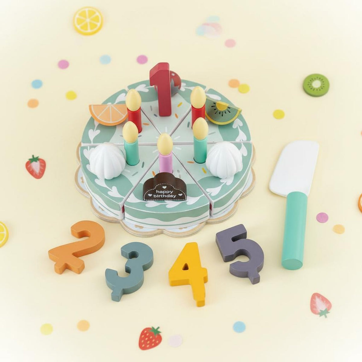 24 Pieces Sliceable with Hook-and-Loop Fastener Wooden Birthday Cake Toy Polished Edges Play Food Birthday Cake Sturdy and Sturdy Wooden Food Cutting Set Educational for Toddlers