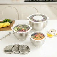 Stainless Steel Bowl Set with 3 Graters, Non-Slip Silicone Base Mixing Bowl for Meal Prep, Serving Bowl with Transparent Lid for Home Cooking