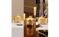 Ornate Condiment Jar with Spoon Gold-Tone Sugar Bowl with Lid Vintage Glass Condiment Pot with Metal Frame Elegant for Hosts