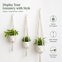 Macrame Plant Hanger, Handmade Rope, Pale Neutral Bohemian Hanging Planter with Hooks, Indoor Outdoor Decor