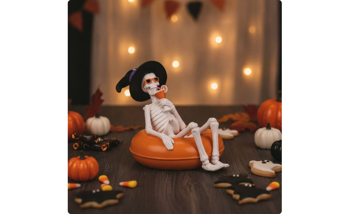 Skeleton on Float Inflatable Tabletop Skeleton Figurine Halloween Ornament for Hosts, Collectors, Desk, Shelf, Home Bar Setup