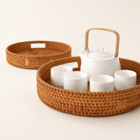 2 Pieces Rattan Tray with Handles Round Rattan Serving Tray Easy to Carry for Home Decor