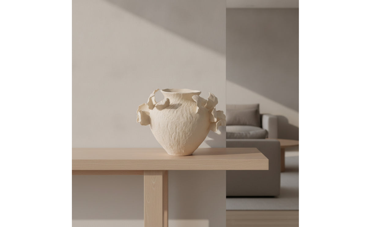 Ceramic Vase with Ruffled Protrusions Hand-Formed Organic Rounded Vase Sculptural Vessel for Entryway, Model Room