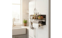 Spices Rack with Paper Towel Holder Space-Saving Storage Rack with Wooden Rod Moveable for Kitchen