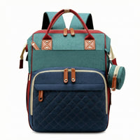 Faux Leather Trim Woven Diaper Backpack Quilted Panel Rectangular Diaper Backpack Top Carry Handle Carryall Multiple Compartments