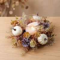 Harvest Wreath with Glass Holder Autumnal Candle Loop Festive Centerpiece Faux for Hosts, Tabletop, Thanksgiving, Mantel