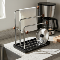 Walnut Wood Dish Drying Rack with Stainless Steel Cloth Holder for Kitchen Countertop Organization