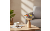 Fruit Bowl with Pedestal Base Stainless Steel Fruit Bowl with Wooden Base Reflective for Kitchen Counter