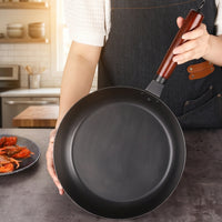 Frying Pan for Stir Fry and Searing Steak Pan, Heavy Duty Refined Iron with Hammered Texture, Induction Hob Compatible Wood Handle, 1 Pack