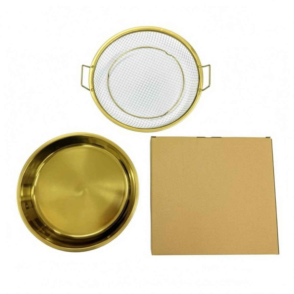 2 Pieces Two Handles Drain Basket and Plate Set Metal Rim Frying Drain Basket Gold-Tone Food Strainer Boxed Packaging