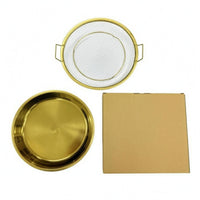2 Pieces Two Handles Drain Basket and Plate Set Metal Rim Frying Drain Basket Gold-Tone Food Strainer Boxed Packaging