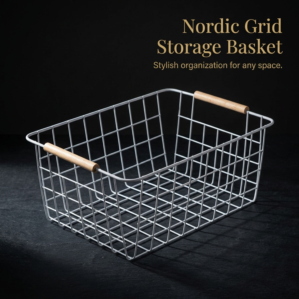Storage Basket with Wood Handle, Metal Wire Mesh Organizer, Modern Minimalist Decor, Cabinet Storage Basket with Handle