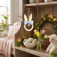 Easter Bunny Hanging Decoration Bowknot Design Wooden Bunny Ornament Spring Themed Bunny Head Pendant with Bell for Teachers, Wall Decor, Classroom