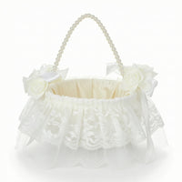 Satin Flower Girl Basket with Pearl Handle Charming Flower Girl Basket with Bow Exquisite Romantic for Brides