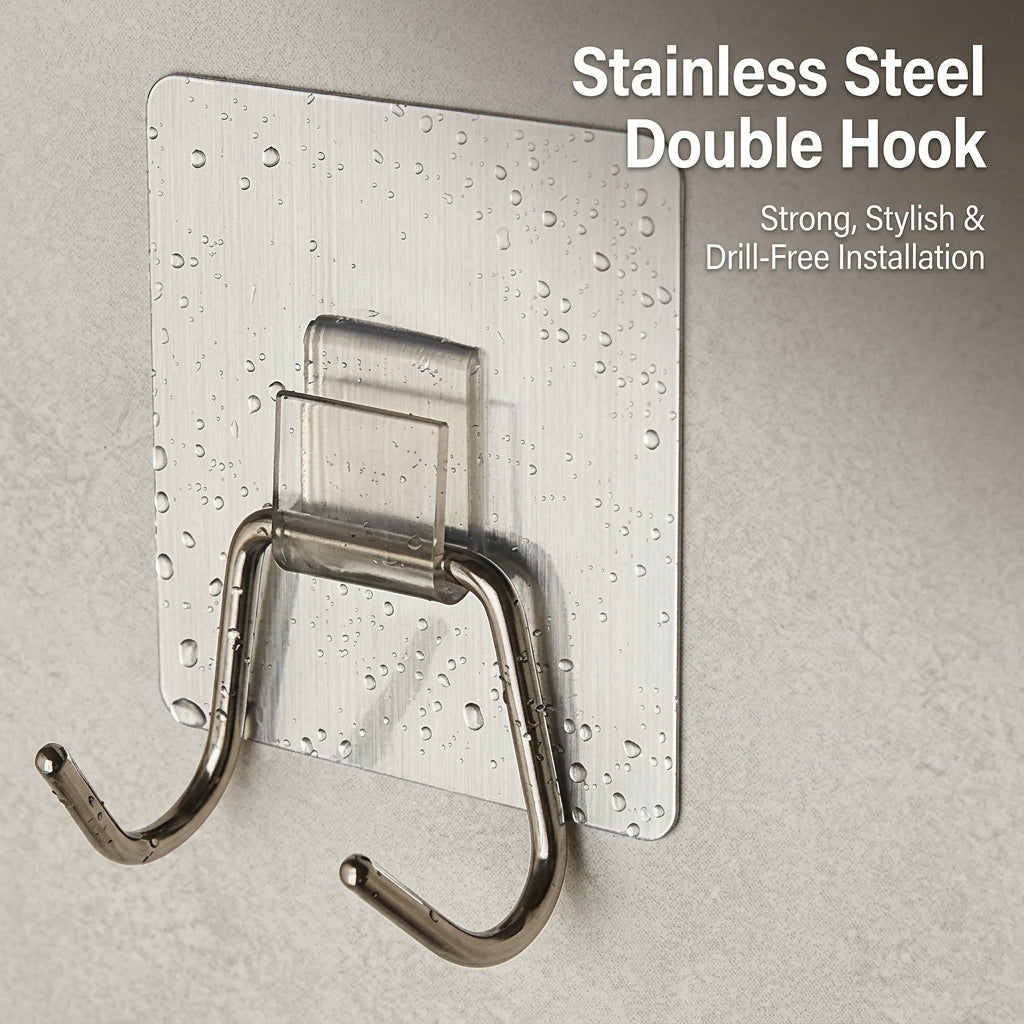 Waterproof Stainless Steel Hook Rack for Kitchen and Bathroom, Wall Mounted No Drill for Students