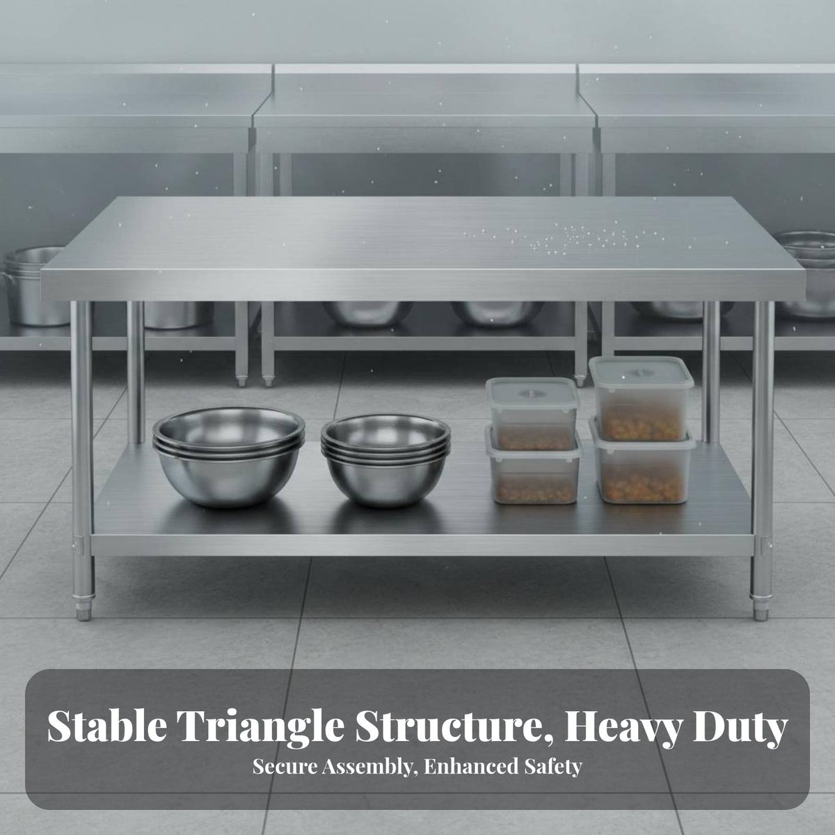 Easy to Clean Stainless Steel Work Table Rust-Resistant Commercial Kitchen Prep Table Stable Structure Stainless Steel Workbench High Load-Bearing Capacity for Restaurant Team, Workshop Workers, Professionals, Bakery, Warehouse, Garage, Laundry Room