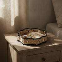 Two-Tone Paper Rope Tray Decorative Handwoven Catch-All Tray Rustic Scalloped Basket Lightweight for Coffee Table