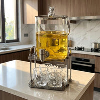 Glass Water Jug with Metal Spigot and Stand, Large Capacity Cold Water Dispenser for Fridge Jug, Fruit Tea and Cold Brew Glass Beverage Bottle