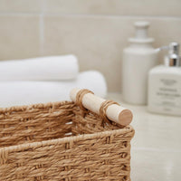 Natural Rope Basket Wooden Handles Rectangular Rope Basket Rustic for Vanity